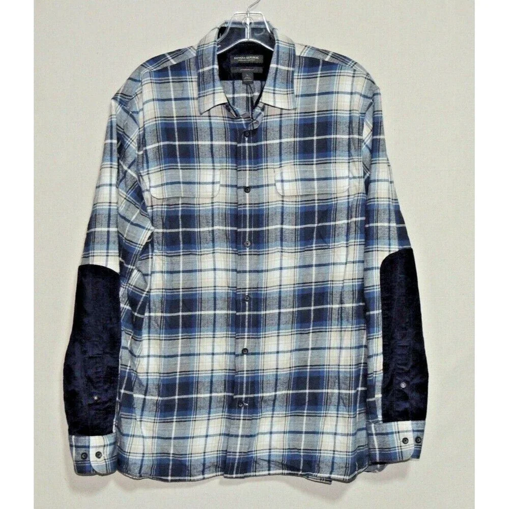 Banana Republic Flannel Shirt‎ Mens Large Blue Plaid Elbow Patch Organic Cotton